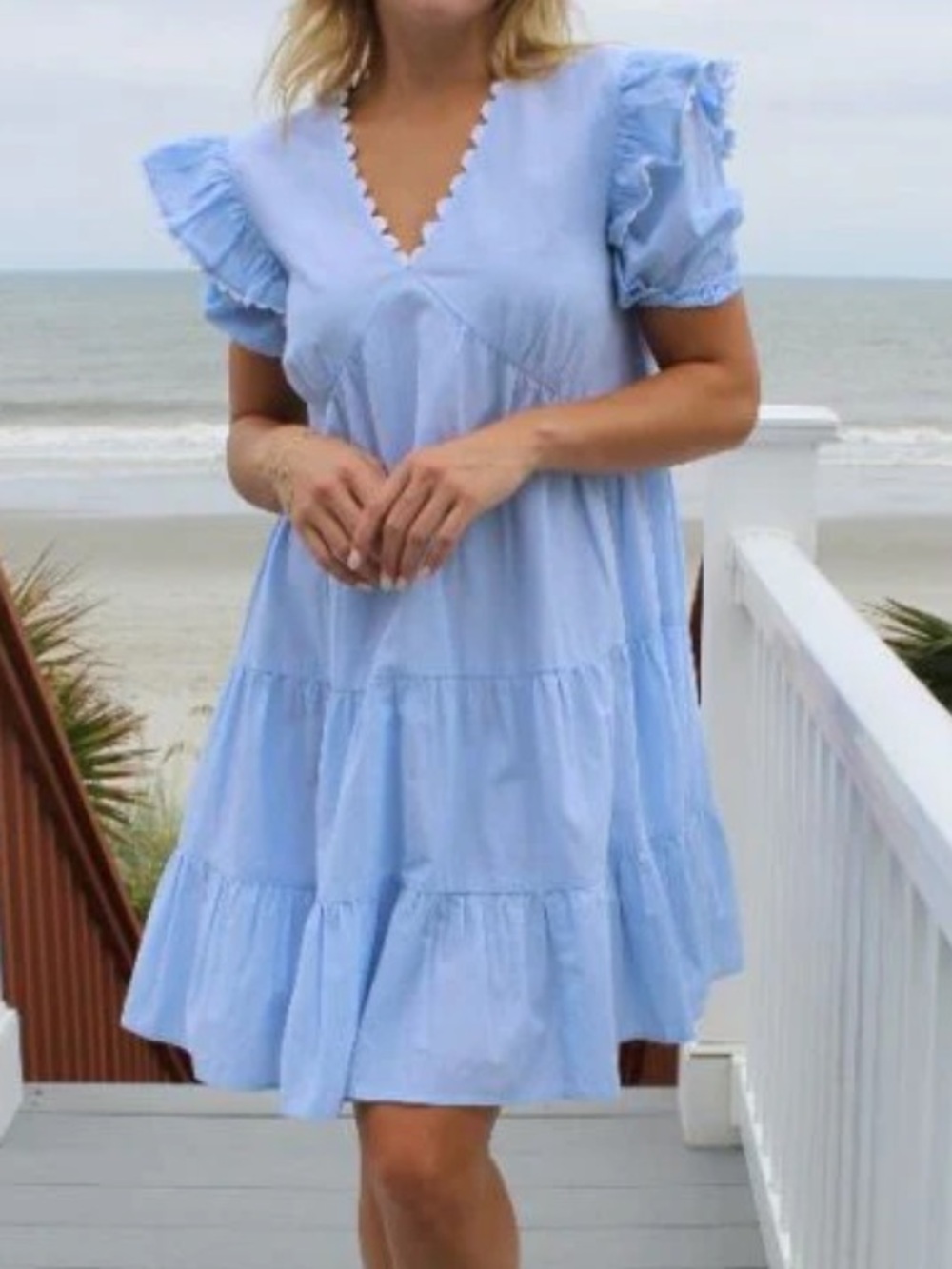 Simply Southern Light Blue Tiered Dress Small Scallop Trim Cottagecore - Picture 2 of 10